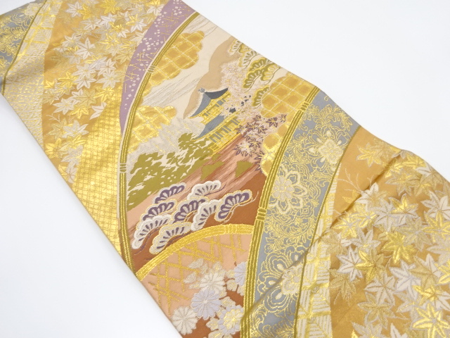 光悦垣に寺院風景模様織り出し袋帯